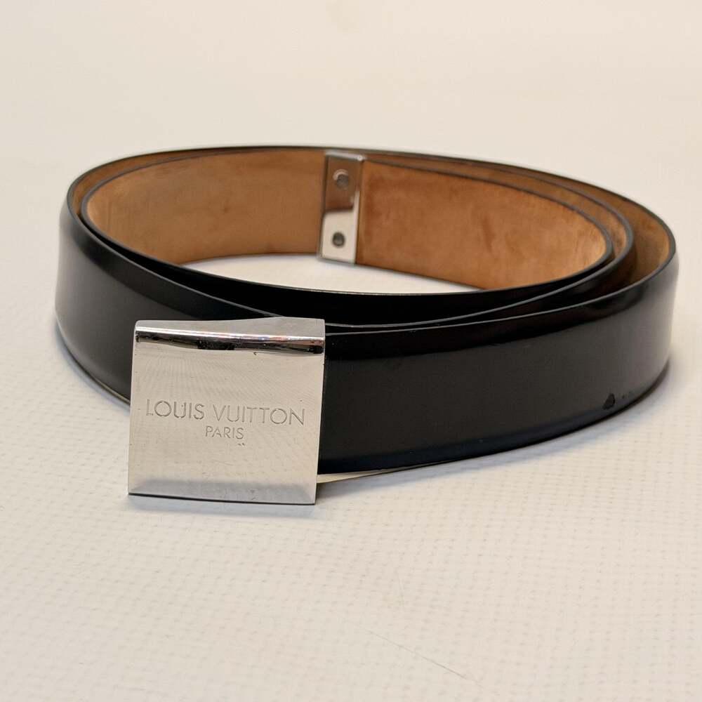 Vtg Louis Vuitton Belt Mens 40 Black Patent Leather Silver Buckle Made In Spain